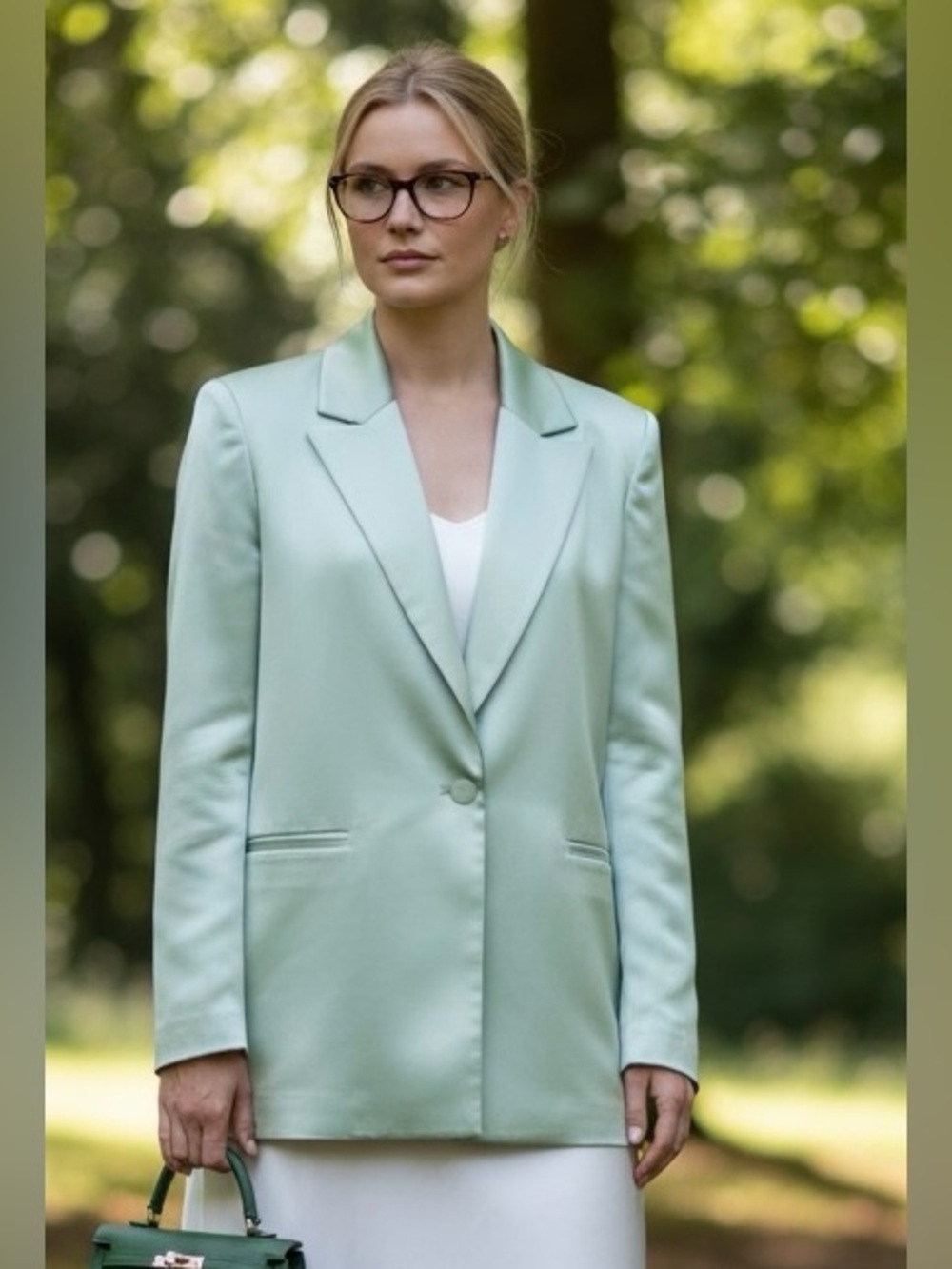 Alice + Olivia Sage Green Longline Blazer Size 8 | Satin Finish | Single Button